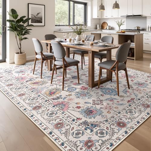 Hanples 8x10 Area Rugs for Living Room, Washable Rug Vintage Floral, Beige - Image 4