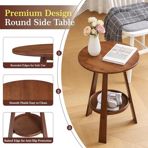 2-Tier Bamboo Round Side Table, Mid-Century Modern End Table - Image 4