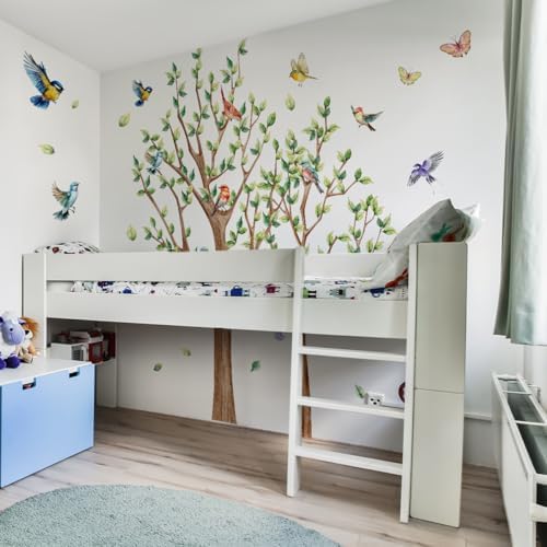 Tree Bird Wall Stickers - Green Flying Leaf Butterfly Vinyl Peel & Stick Removable Wall Art Decals Decorative for Living Room Kid Bedroom,83.54 cm x 78.79 cm - Image 4