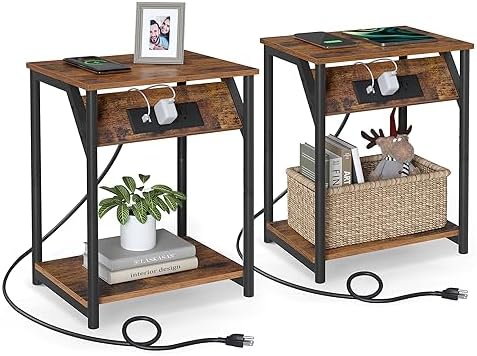 VASAGLE End Table with Charging Station, Set of 2, Small Side Tables by Unknown