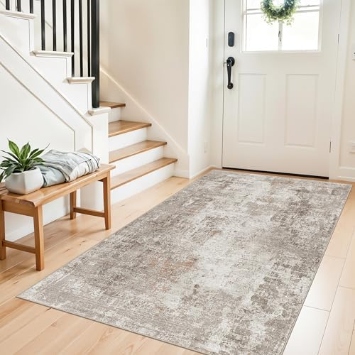 4x5 Washable Area Rugs for Entryway - Non-Slip Low-Pile Indoor Carpet with Rubber Backing for Kitchen, Bathroom,Bedroom, Living Room, Modern Abstract Neutral Soft Mat (Beige Grey) by ZHXXUJ