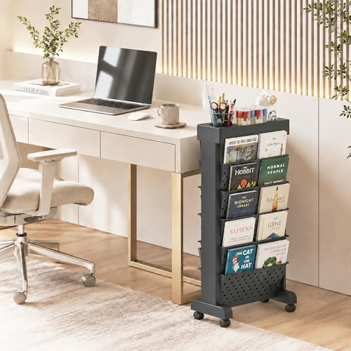 6-Tier Rolling Bookshelf Magazine Rack with Wheels Black - Image 2