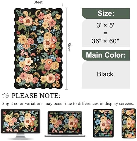 DUKINO 3x5 Area Rugs, Non Slip Floral Washable Rug for Bedroom, Black - Image 2