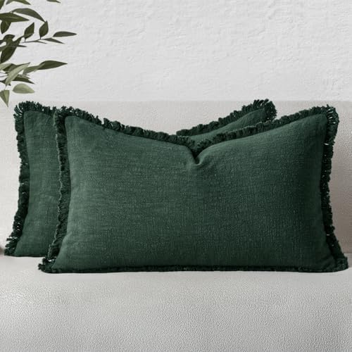 MIULEE Linen Fringe Decorative Lumbar Throw Pillow Covers Army Green 12x20 by MIULEE