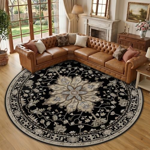 RELEANY Washable Area Rug, Round 10ft, Black/Neutral by RELEANY