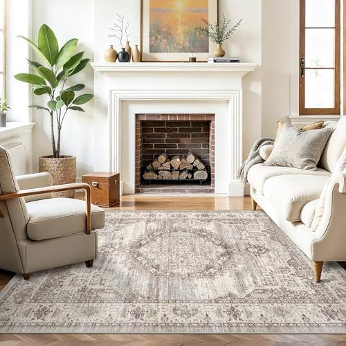 Washable Area Rugs 5x6 Entryway: Soft Ultra Thin Low Pile Mat Machine Washable Indoor Doormat Lightweight Entry Rug Anti Slip Backing Rugs for Living Room Bedroom Kitchen 5'x6' Beige by YOUFORTONG