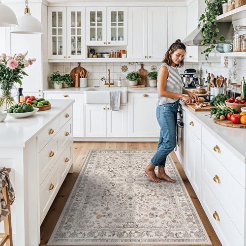 Washable 4x6 Kitchen Rug Non-Slip – Soft Stain-Resistant Low-Pile Indoor Floor Mat for Entryway Bedroom Living Room – Vintage Accent Area Rug (Beige, 4x6) - Image 3