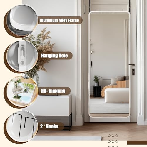 Antok Over The Door Mirror Full Length, 49'' x 14''Wall Mounted Hanging Mirror, Aluminum Alloy Frame, Shatterproof Glass, No Drill Installation for Bedroom, Closet, Bathroom, Dorm, Round Corner, White - Image 5
