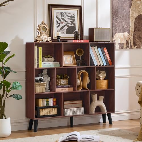 LEYAOYAO 10 Cube Bookshelf, Mid-Century Modern Book Shelf with Legs, Walnut - Image 5