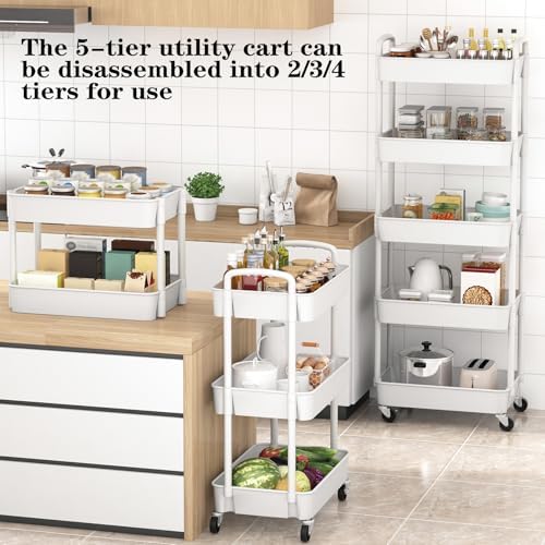 Sywhitta 5-Tier Plastic Rolling Utility Cart with Wheels for Storage,White - Image 2