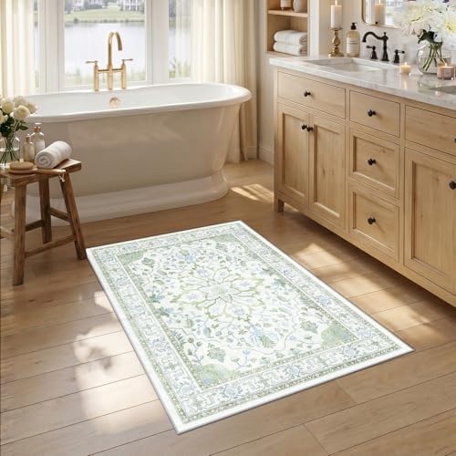 RELEANY Washable Area Rug, Small 2'6"x4', Green/White/Blue by RELEANY