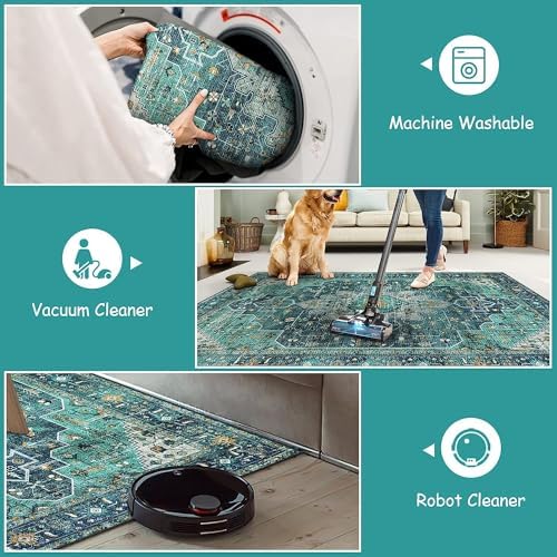 Moynesa Ultra-Thin Washable 5ft Round Rug - Teal 5x5 Circle Rugs for Living Room, Vintage Dining Room Mat Stain Resistant Nursery Carpet for Bedroom Mudroom Kitchen Apartment Home Office - Image 5