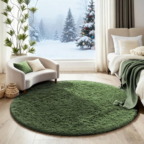 Ophanie Round Rug 4Ft Grey Green Circle Area Rug, Grayish Green Room Decor, Fluffy Fuzzy Bedroom Carpet, Plush Soft Shaggy Living Room Rugs for Kids Home Aesthetic, Nursery with 99 pcs Pile fibers - Image 3