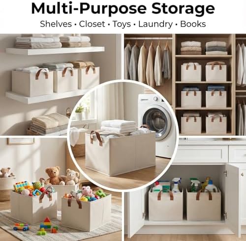 3 Pack Storage Bins Fabric Collapsible Organizers with Handles Sturdy Canvas with PP Board Beige Foldable Storage Box for Closet Shelves, Books, Toys, Clothes, Office Organization - Image 7