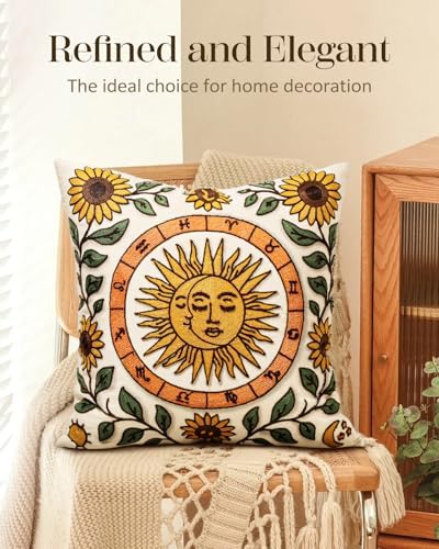 Embroidered Throw Pillow Cover 18x18 Inch, Sunflower Moon - Image 5