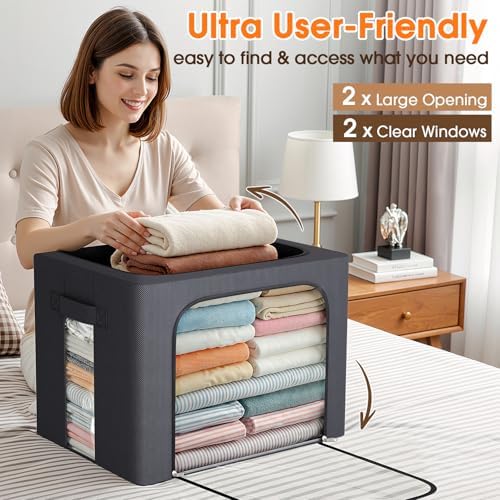 8 Pack Clothes Storage Bins with Metal Frame,Stackable Organizer Bins with Handles for Closet & Bedroom(Light Grey) - Image 6