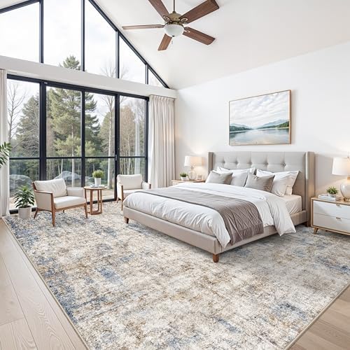 12x15 Area Rug for Living Room – Large Modern Neutral Abstract Thin Washable Carpet, Soft Low Pile Non-Slip Stain-Resistant for Bedroom Dining Room Home Office（Blue Brown） - Image 3