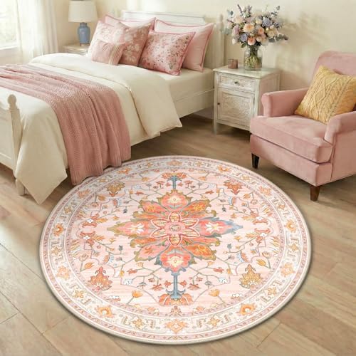 RELEANY Washable Area Rug, Round 4ft, Pink/Light Pink/Colorful by RELEANY