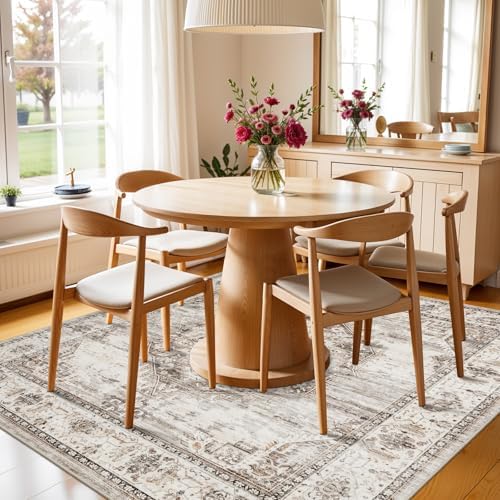 5x5 Area Rug Washable Living Room Rugs: 5ft Square Ultra Thin Soft Oriental Area Rugs Non-Slip Backing Farmhouse Rug Low Pile Thin Stain Resistant Indoor Carpets, 5' x 5' Beige - Image 3