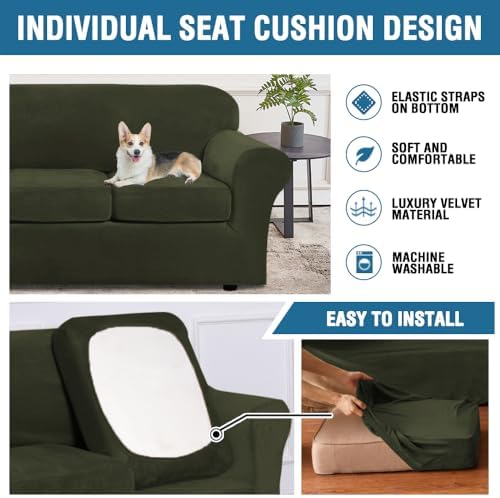 H.VERSAILTEX Modern Velvet Plush 4 Piece High Stretch Sofa Slipcover Furniture Protector Form Fit Velvet Extra Large Sofa Cover for 3 Cushion Couch Width Up to 105 Inch (XL Sofa, Olive) - Image 7