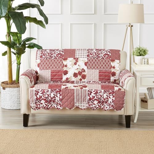 Great Bay Home Reversible Patchwork Loveseat Cover - Washable Slipcover Furniture Protector with Elastic Straps - Perfect for Kids & Pets - Box-Stitched Detail (Burgundy) - Image 2