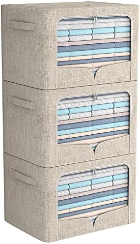 FHSQX 3 Pack Clothes Storage Bins - Foldable Metal Frame Storage Box - Stackable Linen Fabric Container Organizer Set with Carrying Handles and Clear Window (Beige, 15.7x11.8x7.8inch(22L)) by FHSQX