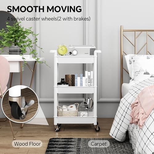 Steehoom 3-Tier Utility Rolling Cart with Cover Top Board, Mobile Utility Cart with Lockable Casters Multi-Functional Storage Trolley for Office, Bathroom, Kitchen, Garden, Laundry Room (White) - Image 4
