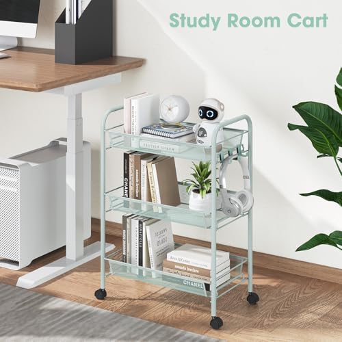 TOOLF 3 Tier Rolling Cart, Metal Utility Storage Cart with Wheels, Green | 3 Hooks, Screwless Assembly, Trolley Organizer for Bathroom, Kitchen, Office, Nursery, Dorm, Laundry Room - Image 5