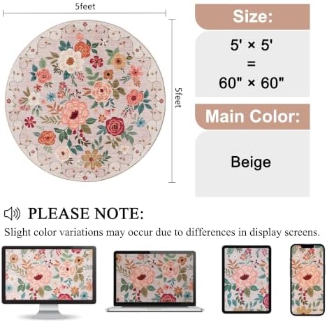 DUKINO 5ft Round Rug, Non Slip Floral Washable Small Circle Rug, Beige - Image 2