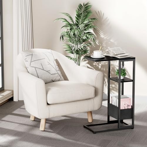 C Shaped End Table, Small Side Table for Couch, Recliner, Slide Under Sofa Tray Desk Snack Tables with Storage Bag for Living Room,Bedroom, Small Spaces - Black - Image 2