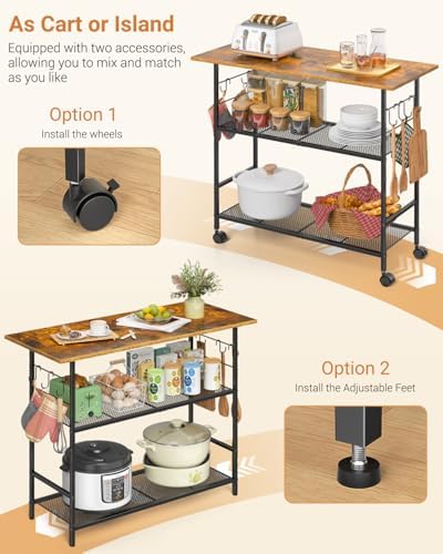 Kitchen Island with 3 Shelves, Rolling Kitchen Cart with 6 Hooks and Protective Shelf, Microwave Stand on Lockable Wheels, Bakers Rack Coffee Bar for Dining, Living Room, Outdoor, Metal Frame - Image 5