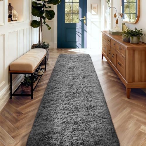 Ophanie 2x10 Runner Rug for Hallway,Upgrade Non-Slip Fluffy Soft Bedside Rugs,Bedroom Living Room Grey Shaggy Gray Carpet for Kids Girls Boys Dorm Nursery Decor Aesthetic with Over 99 pcs Pile fibers by Ophanie