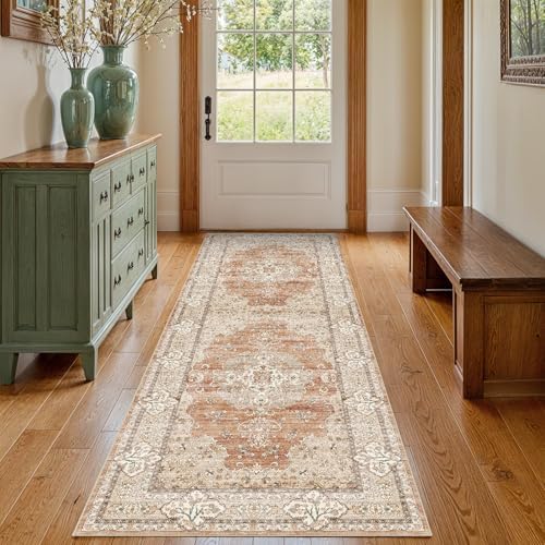 2x5 Washable Hallway Runner Rug - Non-Slip Throw Rugs Terracotta Beige - Image 3