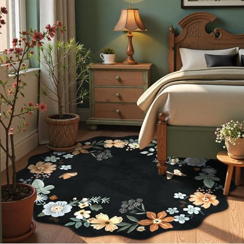 Lahome Floral Washable Round Area Rug, Soft Round Rugs 6ft Ultra-Thin Black - Image 3