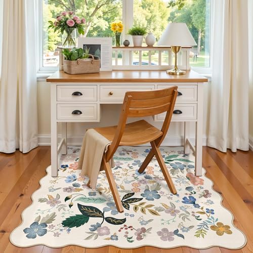 Washable 4x4 Square Area Rug: Floral Scalloped Soft Rugs for Living Room Bedroom Non Slip Bathroom Nursery Floor Mat Water Resistant Low Pile Carpet for Kitchen Entryway (4x4,Cream) - Image 3