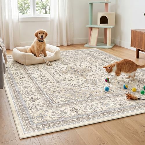 9x9 Square Washable Area Rug - Non-Slip Vintage Living Room Rugs Beige Gray - Image 4