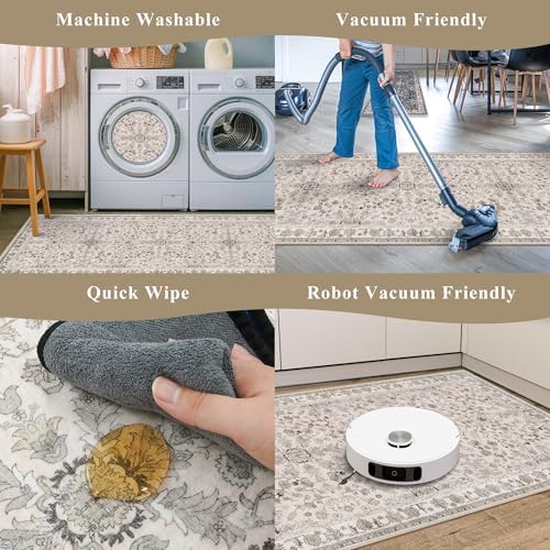 5x5 Square Washable Rug for Living Room: Non Slip Indoor Entryway Foot Carpet for Kitchen, Boho Soft Beige 5ftx5ft Low Pile Neutral Area Rug for Dining Room Bathroom (Beige, 5x5) - Image 7