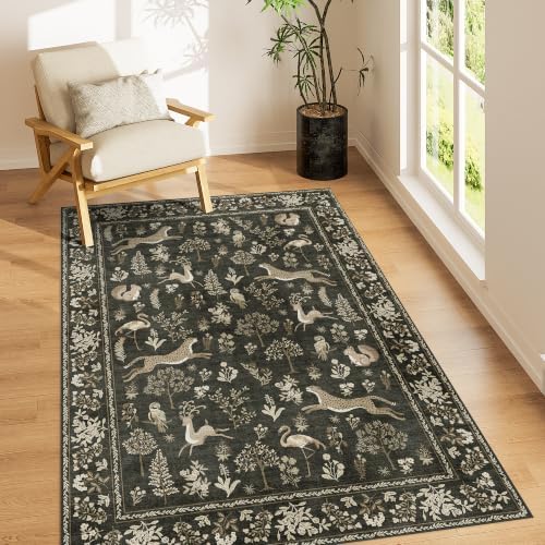 DUKINO 3x5 Rug Washable Animal Area Rug for Bedroom Non Slip Charcoal Black by DUKINO