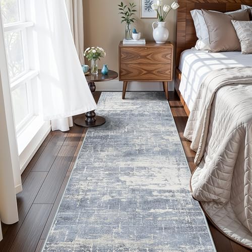Hallway 2x10 Washable Runner Rug: Abstract Kitchen Stove Rugs Low-Pile Stain Resistant Entryway Area Rug Cozy Bedroom Soft Floor Mat Non-Slip Farmhouse Carpet for Bathroom Living Room(2x10,Blue/ivory) - Image 2
