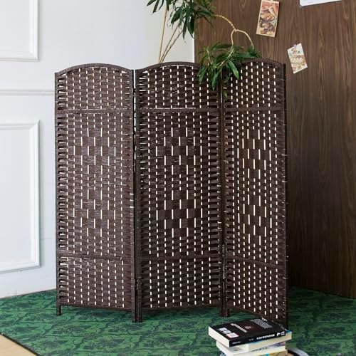 Furnnylane 3 Panel Dark Brown Rattan Room Divider, 47.2" Low Height Double-Sided Folding Privacy Screen, Freestanding Partition Wall for Home Office or Bedroom - Keeps Your Space Open & Airy by Furnnylane