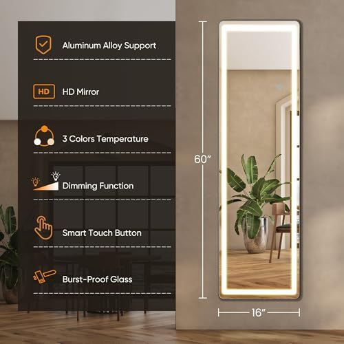 LED Rectangular Full Length Mirror, 60"L x 16"W Full Standing Mirror - Image 2