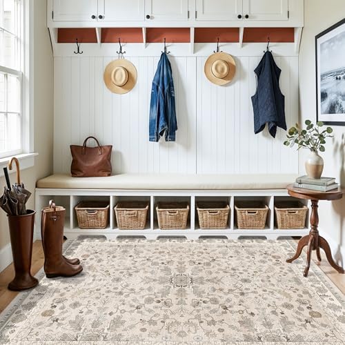 4x5 Washable Kitchen Entryway Rug – Non-Slip Soft Low Pile Indoor Carpet for Bathroom Living Room Bedroom – Boho Floral Small Throw Area Rug (Beige,4x5) - Image 4