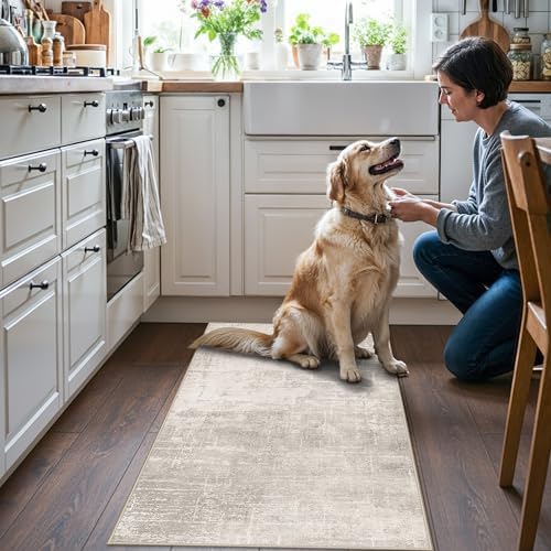 Washable 2x4 Entryway Area Rugs: Abstract Water Resistant Kitchen Sink Rug Non-Slip Durable Doormat Ultra Soft Living Room Bedroom Carpet Low Pile Floor Mat for Bathroom Dining Room(2x4,Beige/Cream) - Image 2