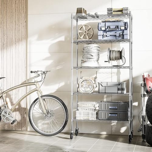 Auslar 5-Shelf Storage Shelves with Casters Heavy Duty 5 Tiers Rolling Cart Utility Racks Adjustable Wire Metal Shelving, 14" x 36" x 76.5", Chrome - Image 2