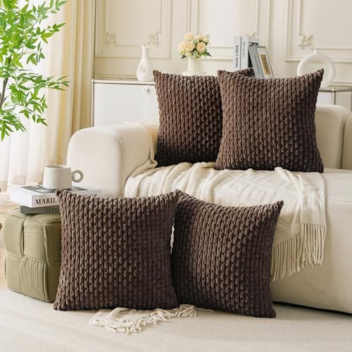 Set of 4 Dark Brown Decorative Throw Pillow Covers 16x16 Inch Corduroy Pillow Covers for Bed Couch Sofa Living Room Soft Square Cushion Cases by Cozoomy