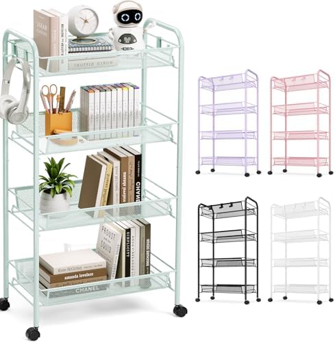 TOOLF 4 Tier Rolling Cart, Metal Utility Storage Cart with Wheels, Green | 3 Hooks, Screwless Assembly, Trolley Organizer for Bathroom, Kitchen, Office, Nursery, Dorm, Laundry Room by TOOLF