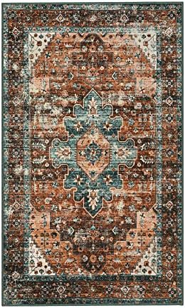 Moynesa 8x10 Ultra-Thin Vintage Area Rug - Oriental Print for Bedroom, Living Room, Under Table, Office, Entryway - Brick Red/Dull Teal - Image 6