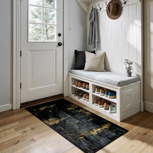 RELEANY Washable 2'x5' Abstract Area Rug for Living Room Black Gold by RELEANY