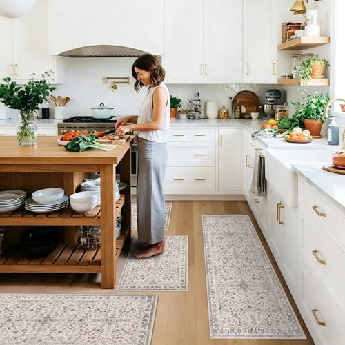 4-Piece Kitchen Rug Set with Runner – Washable Non-Slip Floor Mats for Sink, Entryway, Hallway, Bathroom – Soft Low-Pile Thin Boho Floral Rugs,Kitchen Decor (Beige, 2x3+2x4+2x5+2x6) by BYYVOORugsforYourHome