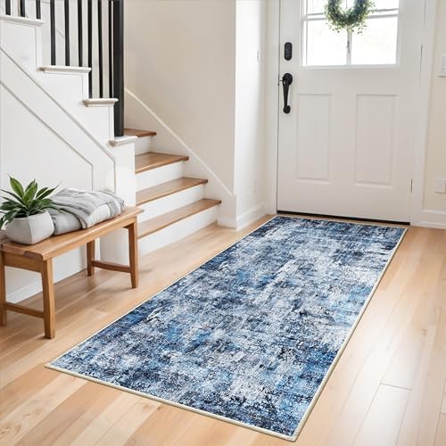 3x6 Washable Wide Runner Rug – Non-Slip Floor Carpet Runner for Kitchen Entryway Hallway Bathroom, Modern Abstract Low Pile Thin Area Rug (Navy Blue, 3x6) by ZHXXUJ